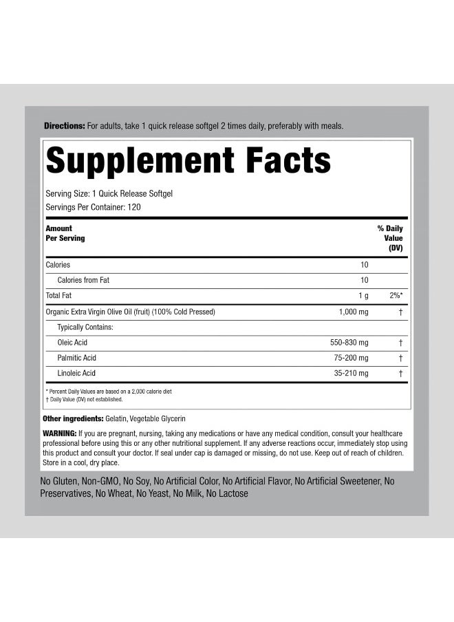 Olive Oil Softgels 1000mg | 240 Count | Organic Extra Virgin Olive Oil | Cold Pressed | Gluten Free, Non-GMO | by Piping Rock