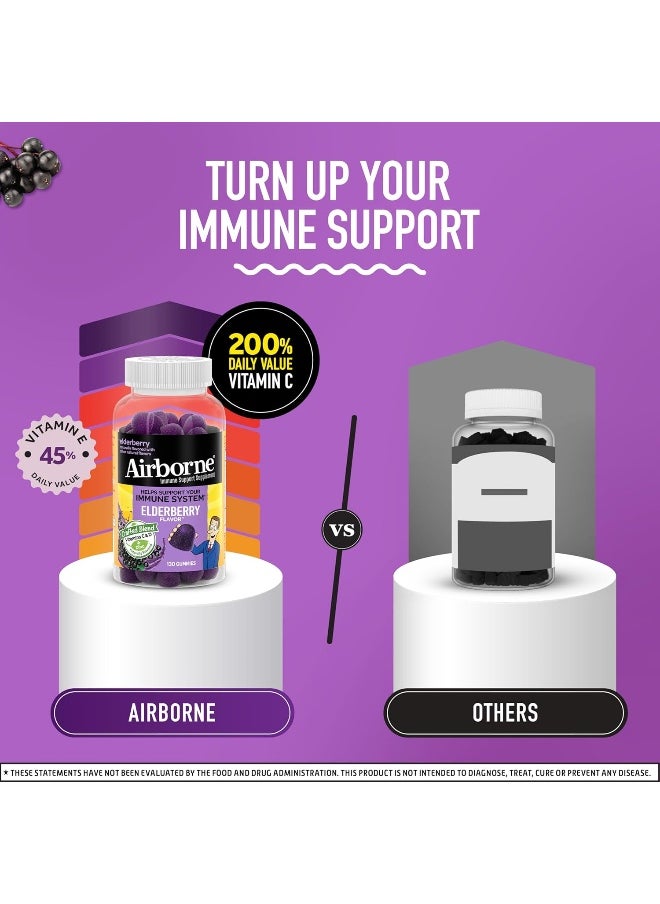 Airborne Elderberry + Zinc & Vitamin C Gummies For Adults, Immune Support Vitamin D & Zinc Gummies with Powerful Antioxidant Vitamins C D & E - 130 Gummies, Elderberry Flavor
