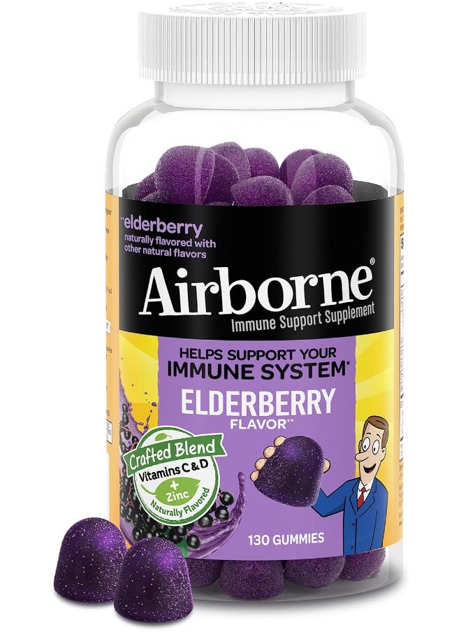 Airborne Elderberry + Zinc & Vitamin C Gummies For Adults, Immune Support Vitamin D & Zinc Gummies with Powerful Antioxidant Vitamins C D & E - 130 Gummies, Elderberry Flavor
