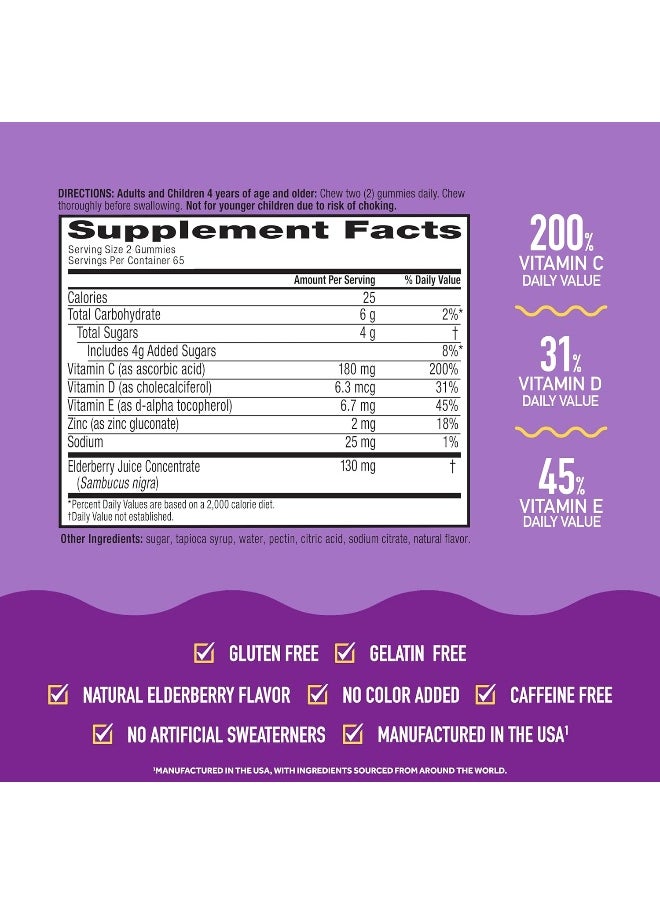 Airborne Elderberry + Zinc & Vitamin C Gummies For Adults, Immune Support Vitamin D & Zinc Gummies with Powerful Antioxidant Vitamins C D & E - 130 Gummies, Elderberry Flavor