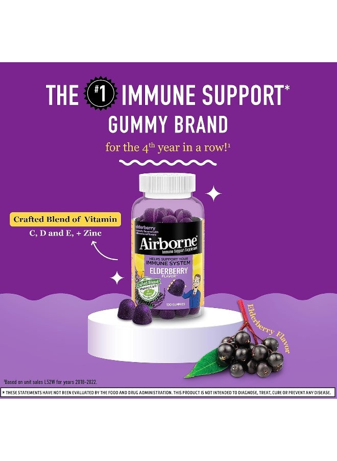 Airborne Elderberry + Zinc & Vitamin C Gummies For Adults, Immune Support Vitamin D & Zinc Gummies with Powerful Antioxidant Vitamins C D & E - 130 Gummies, Elderberry Flavor