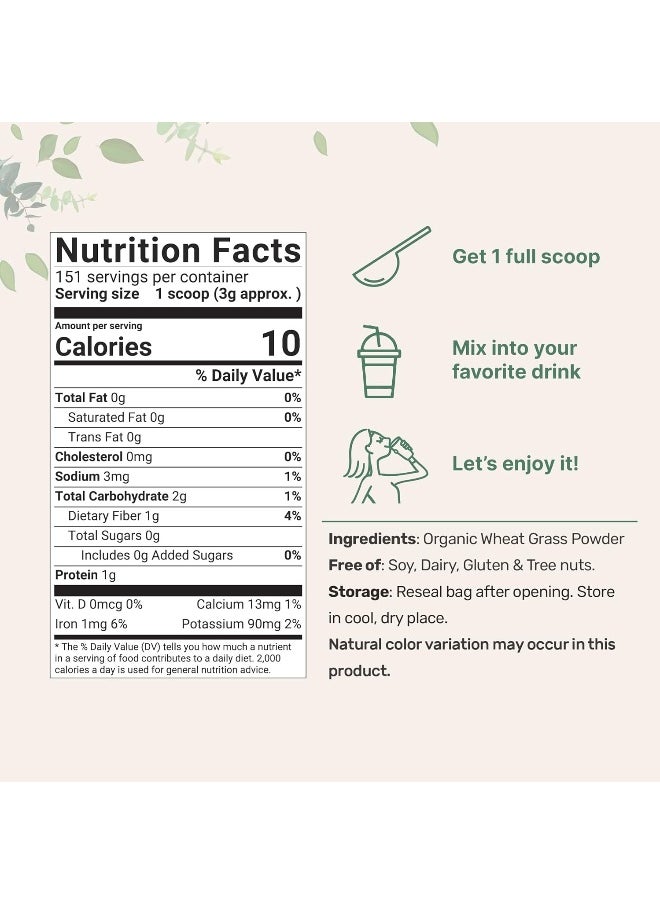 Micro Ingredients Sustainably US Grown, Organic Wheat Grass Powder (100% Whole-Leaf), 16 Ounce, Rich in Immune Vitamins, Fibers and Minerals, Support Digestion Function, Vegan Friendly