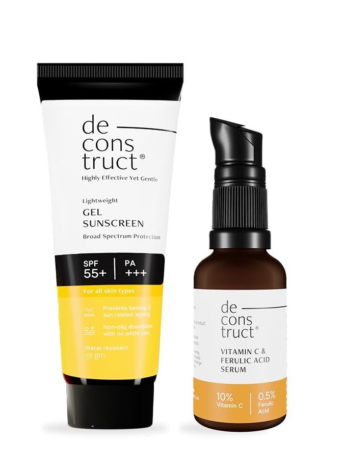 Sun Protect Duo | 10% Vitamin C Face Serum (30 ml) + Gel Sunscreen (50 g) | Get Glowing Skin with Sun Protection
