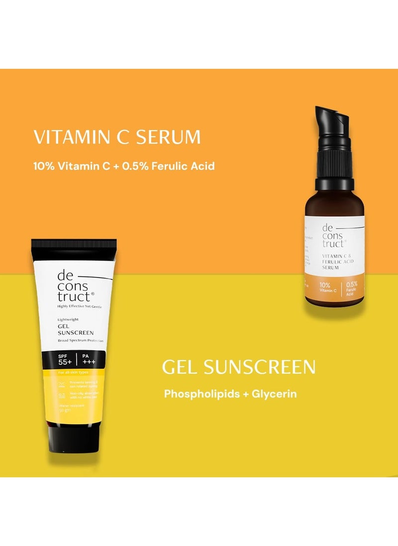 Sun Protect Duo | 10% Vitamin C Face Serum (30 ml) + Gel Sunscreen (50 g) | Get Glowing Skin with Sun Protection