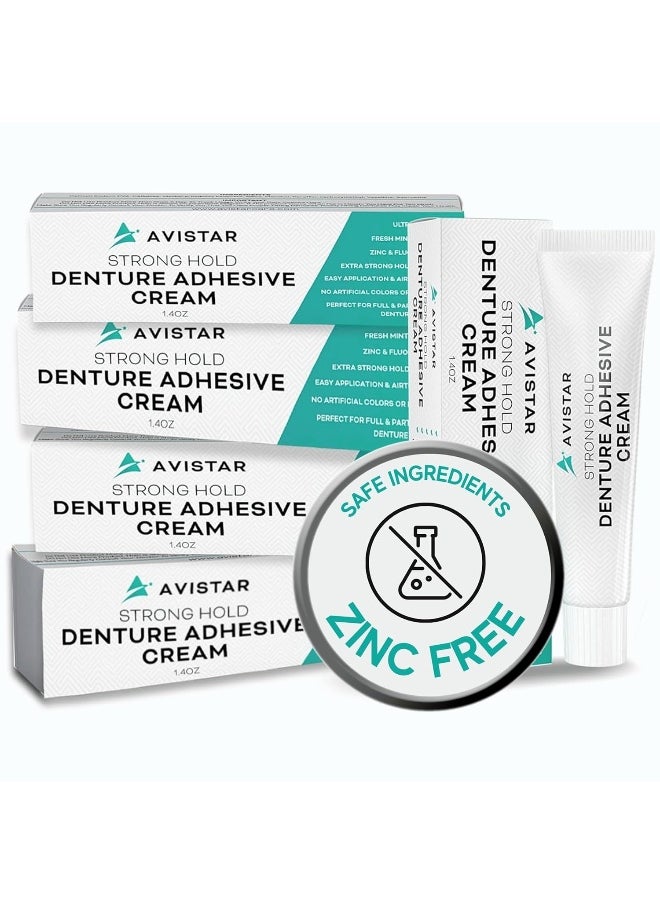 Avistar Denture Adhesive Cream (5 Pack) - Extra Strong Hold With Easy Application & Mint Flavour (Zinc & Fluoride Free)