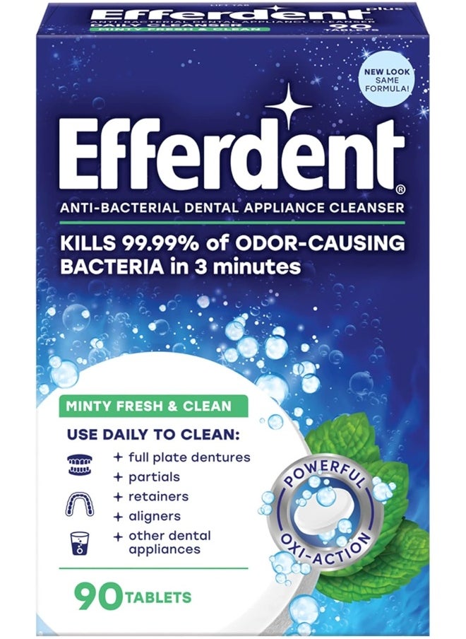 Efferdent Retainer Cleaning Tablets, Denture Cleanser Tablets for Dental Appliances, Fresh & Clean, Minty Fresh, 90 Tablets