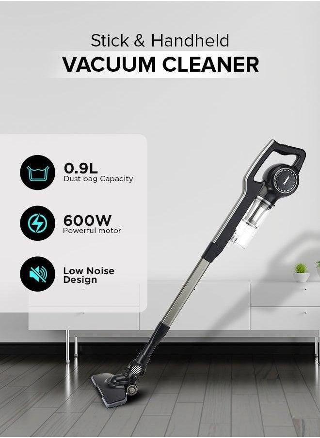 Geepas Stick & Handheld Vacuum Cleaner, HEPA Filter | Handheld & Stick, 0.9L Dust Bag Capacity, 600W Powerful Motor, Transparent Dust Cup for Easy Check, Lightweight Body & Low Noise