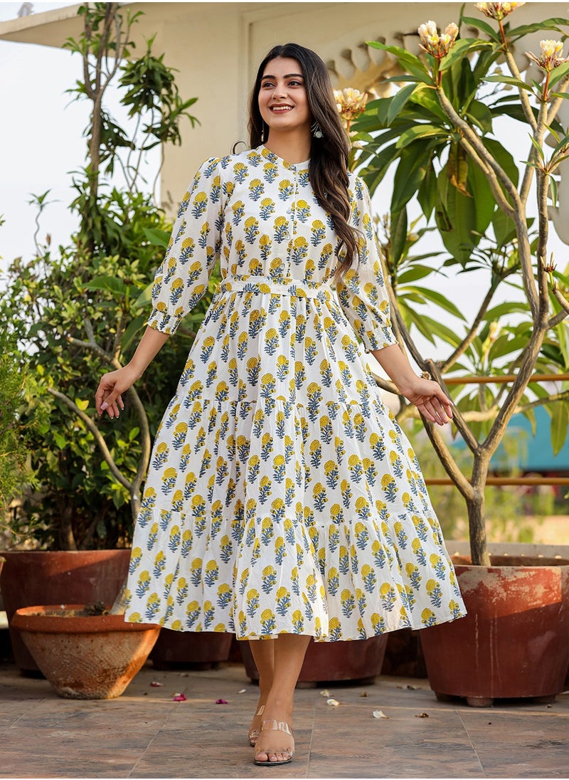 Women's White & Yellow Handblock Printed Cotton Dress – Elegant Fit & Flare Midi Dress