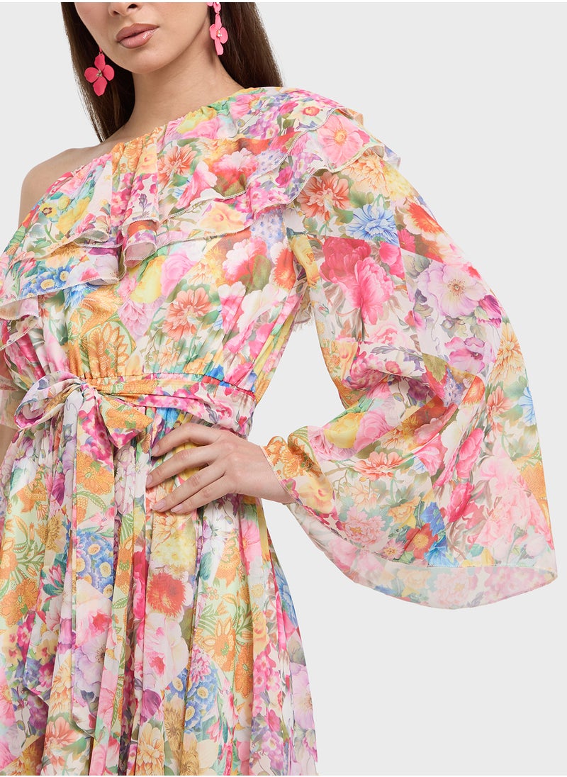 One Shoulder Floral Print Dress