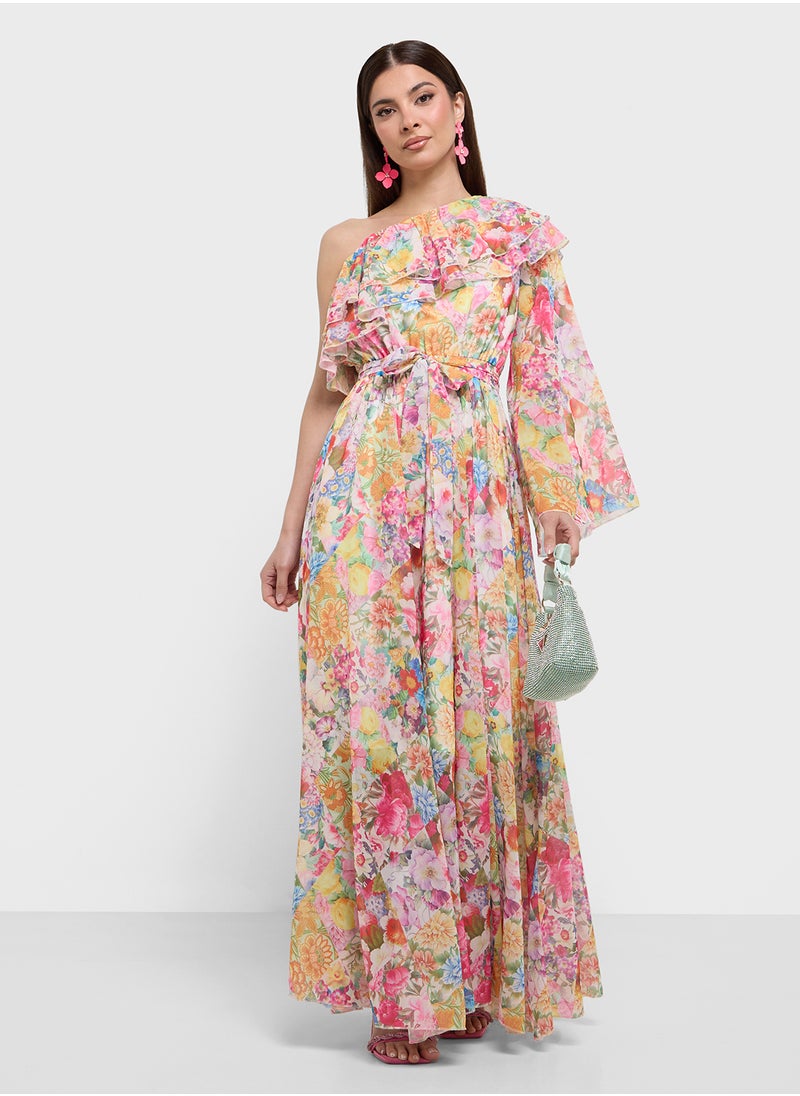 One Shoulder Floral Print Dress