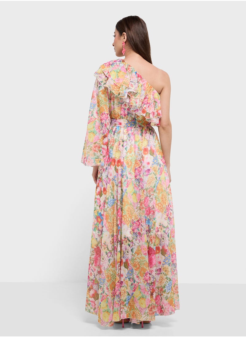 One Shoulder Floral Print Dress