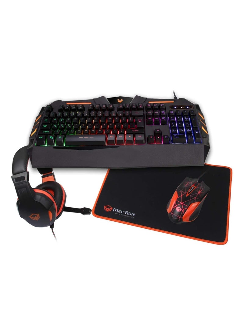 Meetion 4 in 1 C-500 PC Backlight Gold Plating USB Ergonomic Gaming Mouse Rainbow Keyboard and Mouse Pad Combo Comfortable and Soft Keys