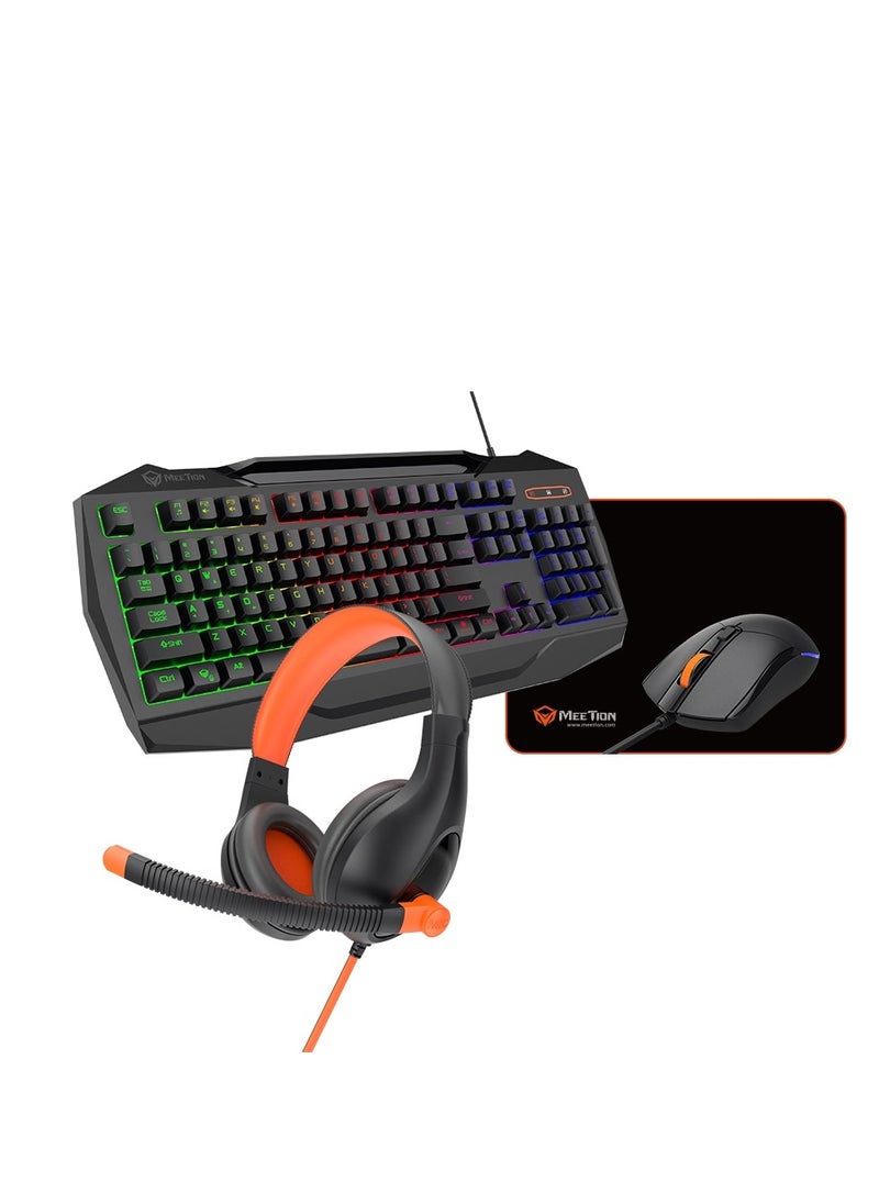 Meetion 4 IN 1 PC Gaming Kits C490 3.5mm stereo headset USB multimedia keyboard with colorful backlit Gaming mouse, max.2400dpi with breathing backlit