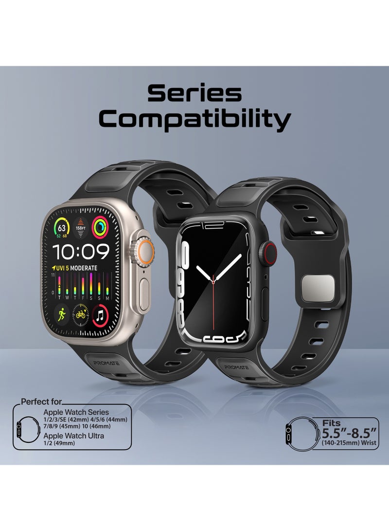 Dual-Colour Apple Watch Band with Dust-Proof UV Treated Surface, Rust-Resistant Stainless-Steel Buckle, Durable Silicone Construction, All Sizes Compatibility, SiliBand-DC Black