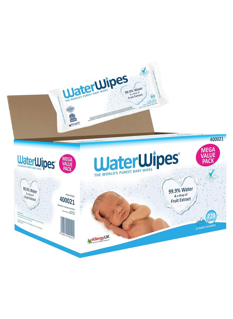 Waterwipes Mega Value Box Baby Wipes Pack Of 12 Pouches X 60 Sheets 720 Wipes - White