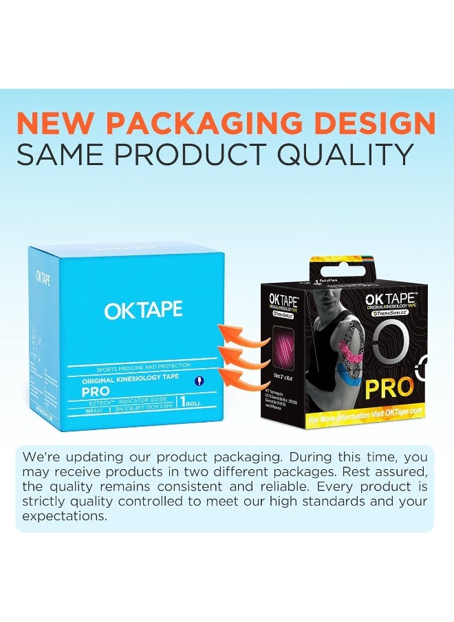 OK TAPE PRO Kinesiology Tape Therapy Pain Relief Muscle Support Prevent Injury Athletic Sports Tape Latex Free and Last Upto 5 Days - Uncut Printed 2 inch x 16.4 feet Roll Black+Black