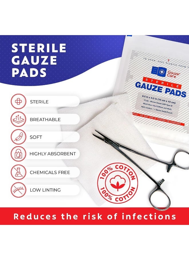 Gauze Care 100pc Large Sterile Pads 4x4 Sterile for Wounds Bulk - 12ply Woven Sponges 4x4 Sterile - USP IV Breathable Mesh 4x4 Pads Sterile for Enhanced Absorption - First Aid Medical