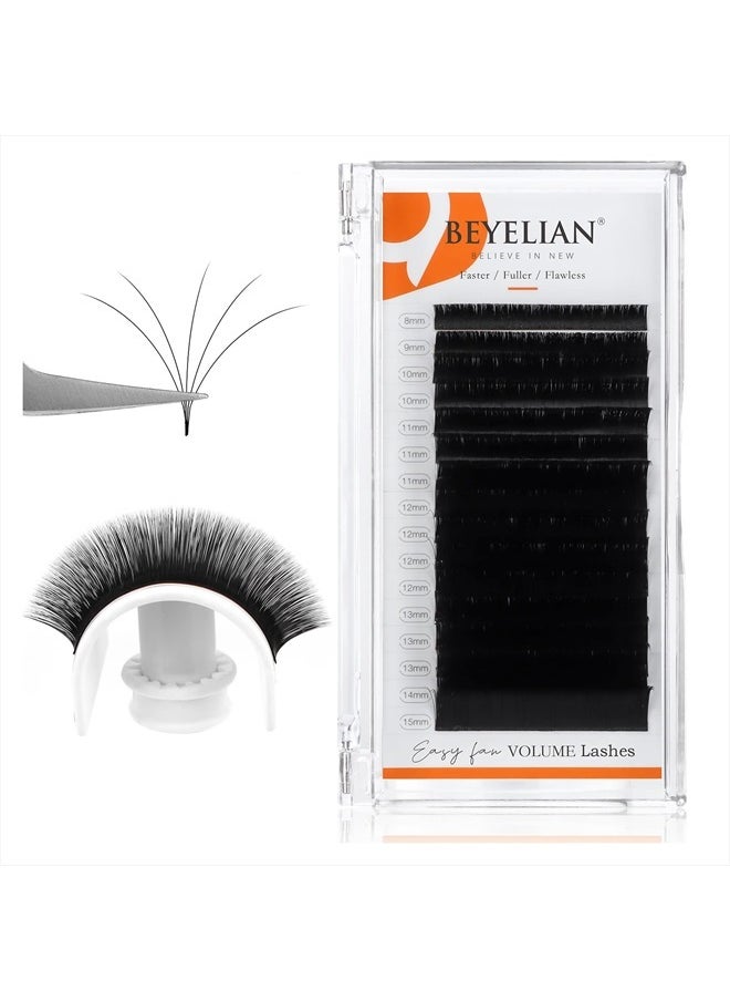 Easy Fan Eyelash Extensions 0.03 Mega Volume Super Thin Lightweight Self Fans Lash Extension Matte Black Professional Salon Stylists Use D+ Curl 8-15mm Mix Tray