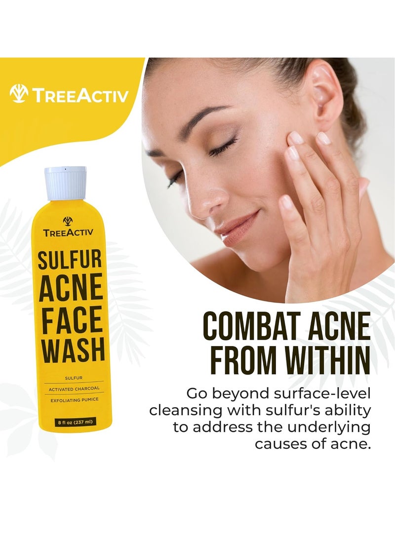 TreeActiv Sulfur Acne Face Wash Original Formula, 8 fl oz, Exfoliating Acne Face Wash for Men & Women, Sulfur Acne Wash for Acne, Activated Charcoal & Pumice, Foaming Daily Women and Men's Face Wash