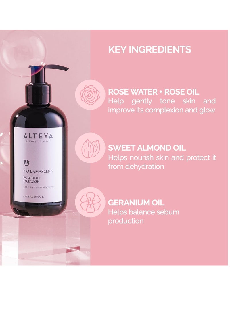 Alteya Organics Face Wash USDA Certified Organic Skin Care 8.5 Fl Oz/250 mL Bio Damascena Award-Winning Face Cleanser With Organic Bulgarian Rose Oil Purifying, Soothing and Beautifying