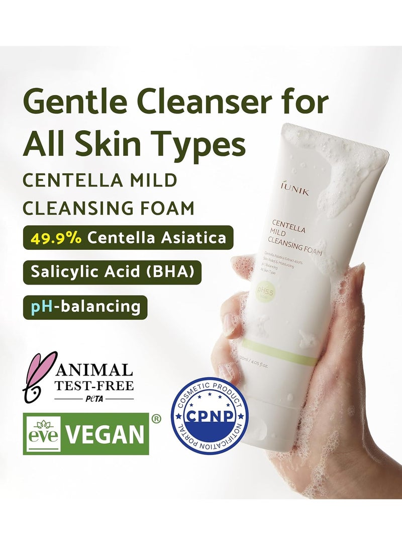 IUNIK Centella Mild Facial Foaming Cleanser - Non-stripping Sub-Acid w/Centella Asiatica 49% Moisturizing pH Balancing for Oily Dry Senstivie Acne-prone skin Vegan Korean Skincare