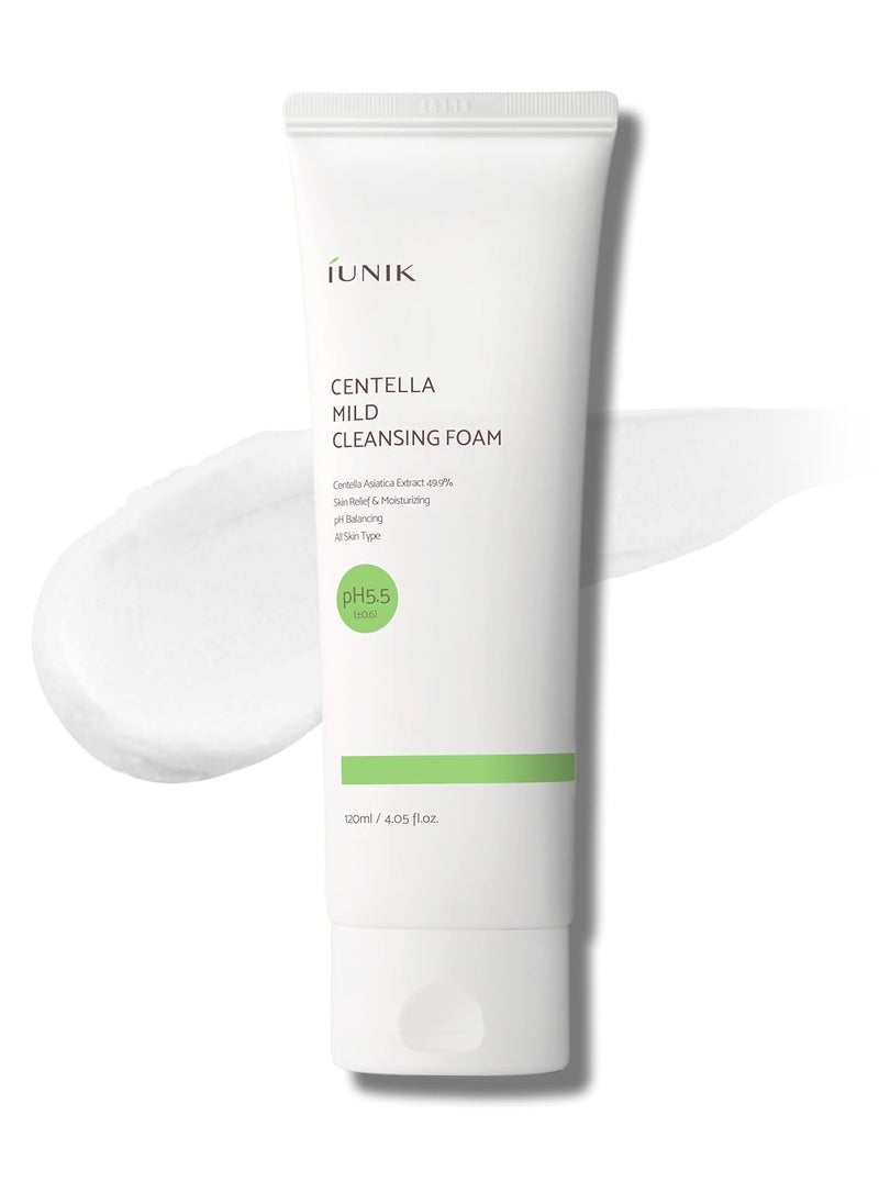 IUNIK Centella Mild Facial Foaming Cleanser - Non-stripping Sub-Acid w/Centella Asiatica 49% Moisturizing pH Balancing for Oily Dry Senstivie Acne-prone skin Vegan Korean Skincare