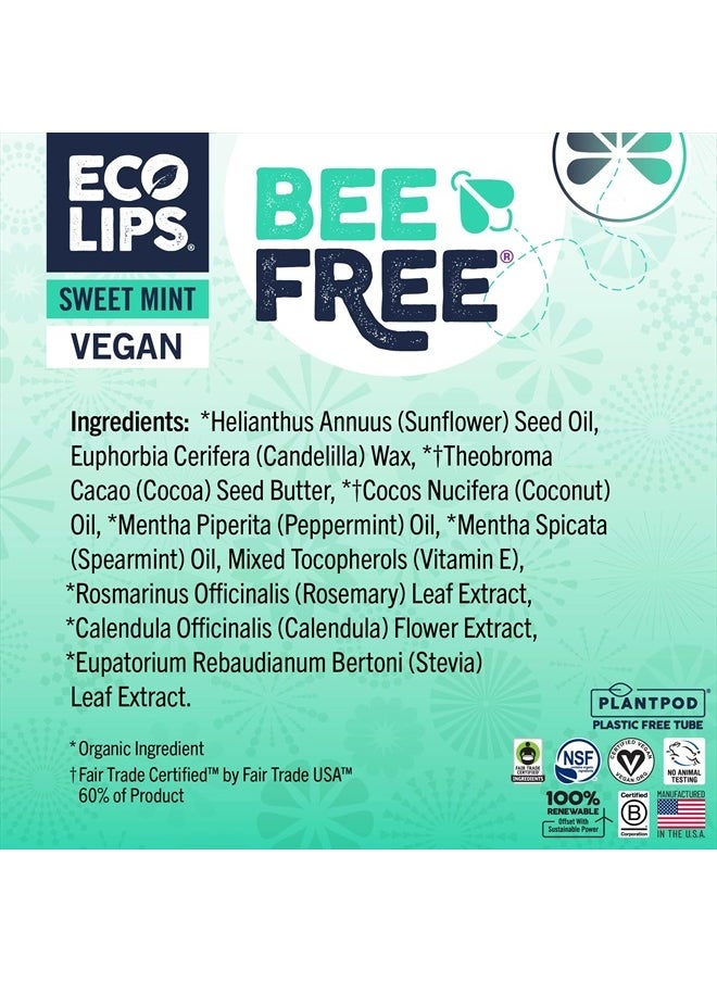 Vegan Lip Balm Sweet Mint by Eco Lips flavor 3 Pack Natural Bee Free with Candelilla Wax, Organic Cocoa Butter, & Coconut Oil Lip Care. 100% Plastic-Free Plant Pod Packaging - Made in USA