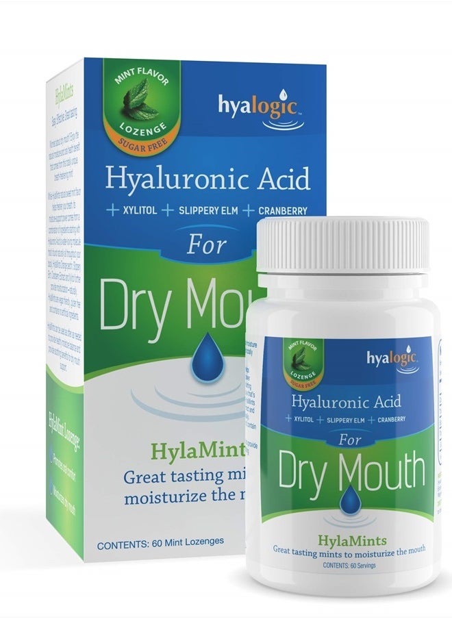 HyaMints Breath Mints for Dry Mouth- Sugar Free Mint Flavor— Natural Breath Freshener w/Hyaluronic Acid, Cranberry Extract, Xylitol, Slippery Elm, Orange Pectin (60 Count)