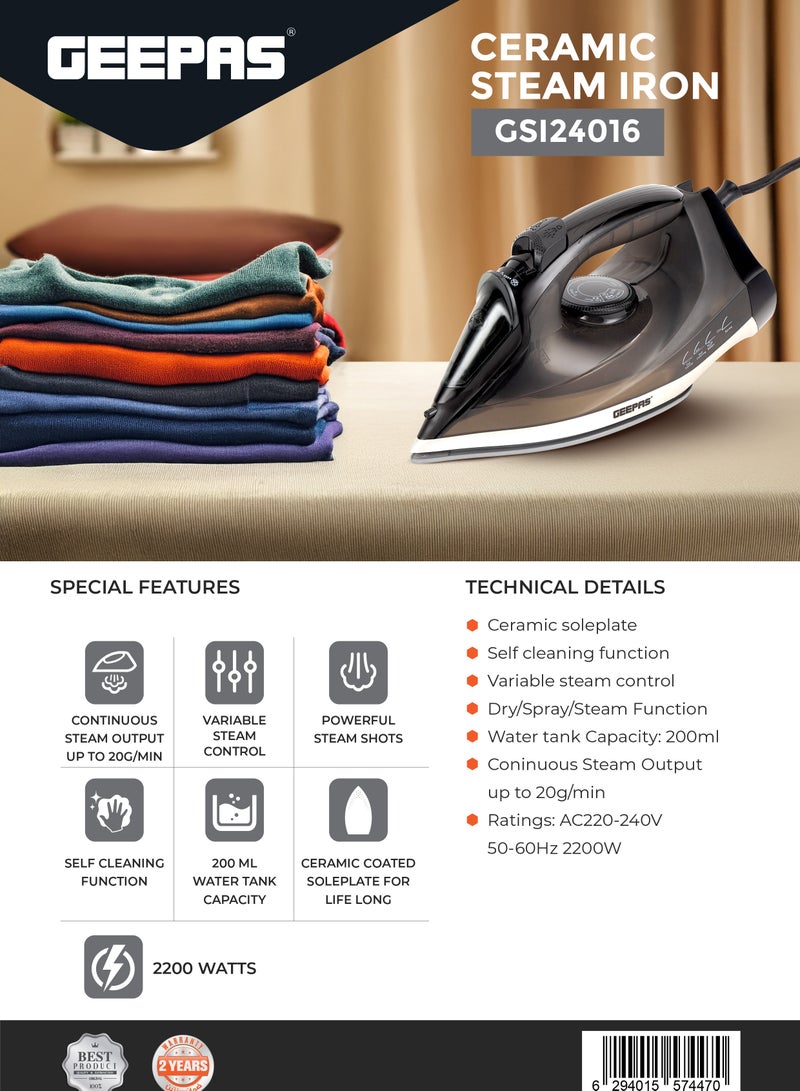 Ceramic Steam Iron | Dry and Spray Functions, Press Box with Self-Cleaning Function | Compact and Handy Design with Powerful Shots | Suitable for All Kinds of Fabric | 2 Years Warranty 200 ml 2200 W GSI24016 Black