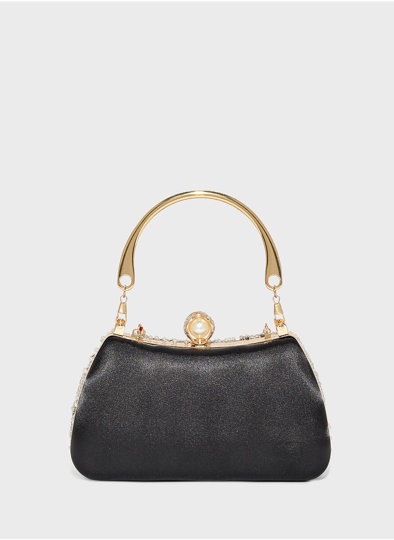 Metal Handle Diamante Floral Clutch Bag