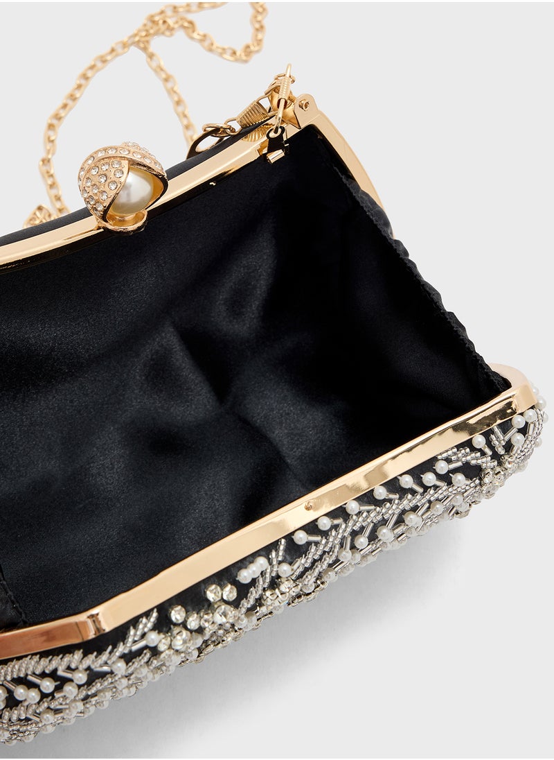Metal Handle Diamante Floral Clutch Bag