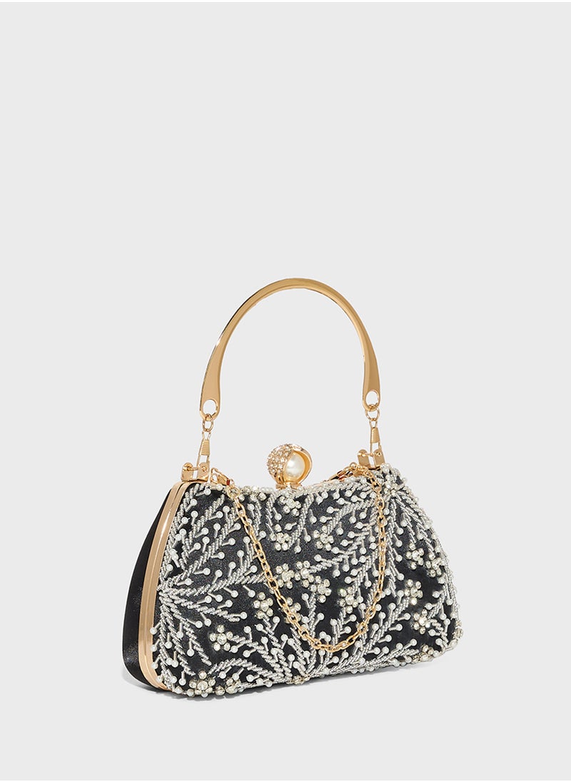 Metal Handle Diamante Floral Clutch Bag