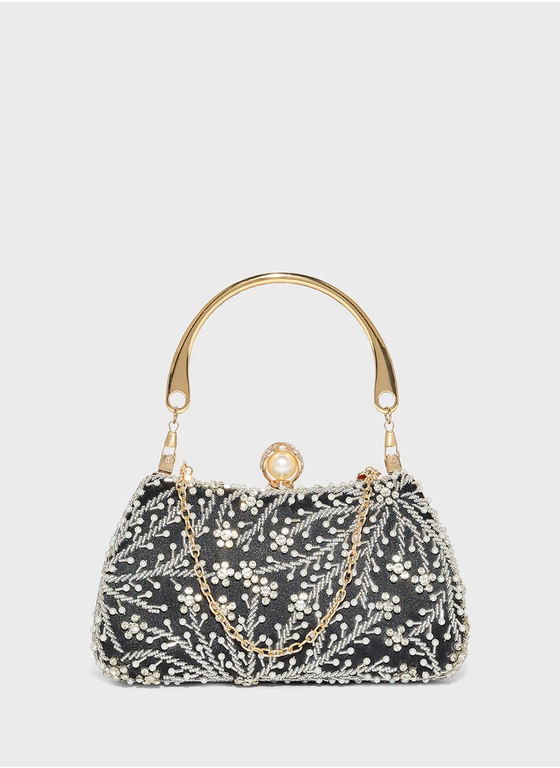 Metal Handle Diamante Floral Clutch Bag