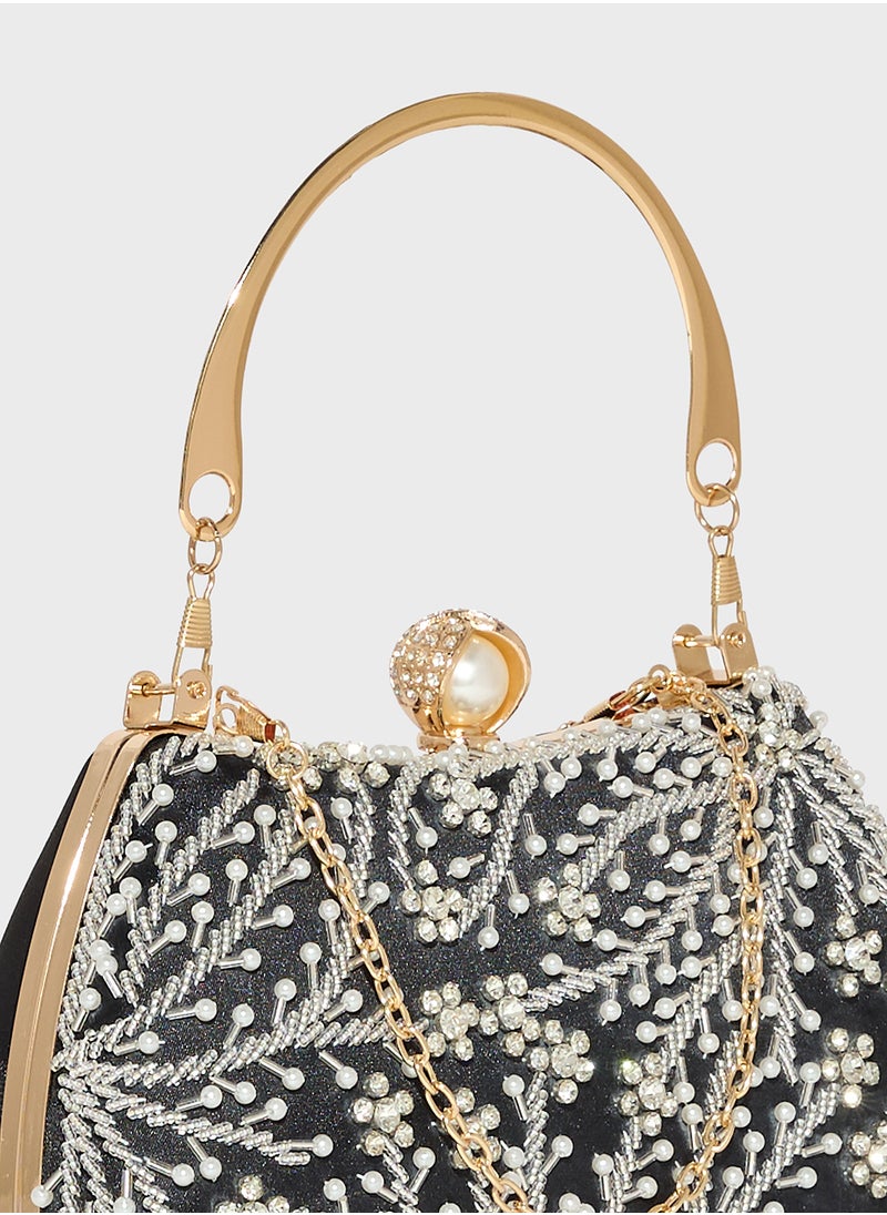 Metal Handle Diamante Floral Clutch Bag