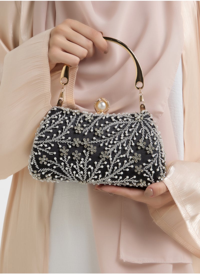 Metal Handle Diamante Floral Clutch Bag