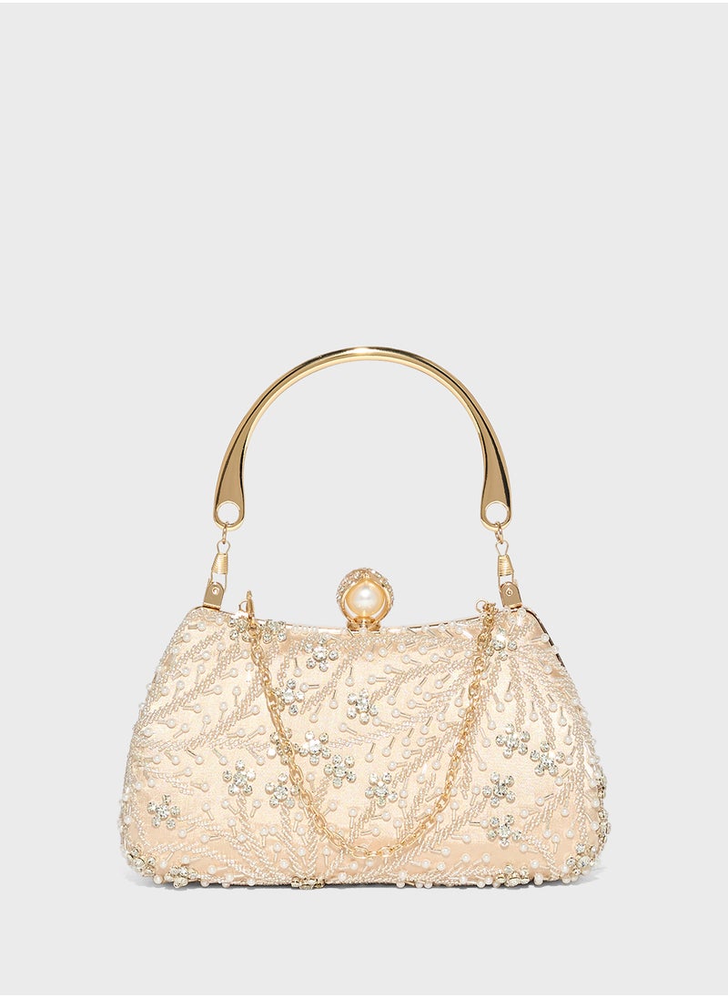 Metal Handle Diamante Floral Clutch Bag