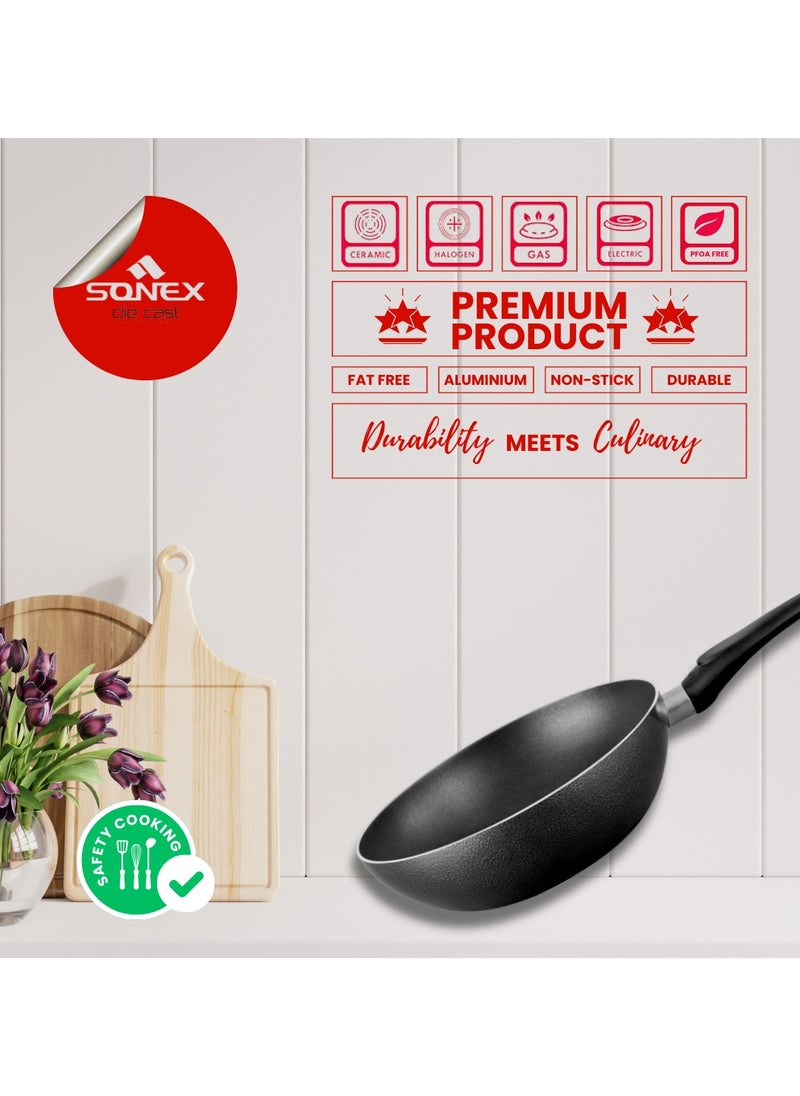 SONEX Royal Wok – 30 cm, 5L Aluminium Wok with Metal Finish, Dual Handles & Natural Wooden Grip, Hanging Loop – Durable & Ergonomic, Even Heat Distribution, Ideal for Stir-Frying & Deep-Frying