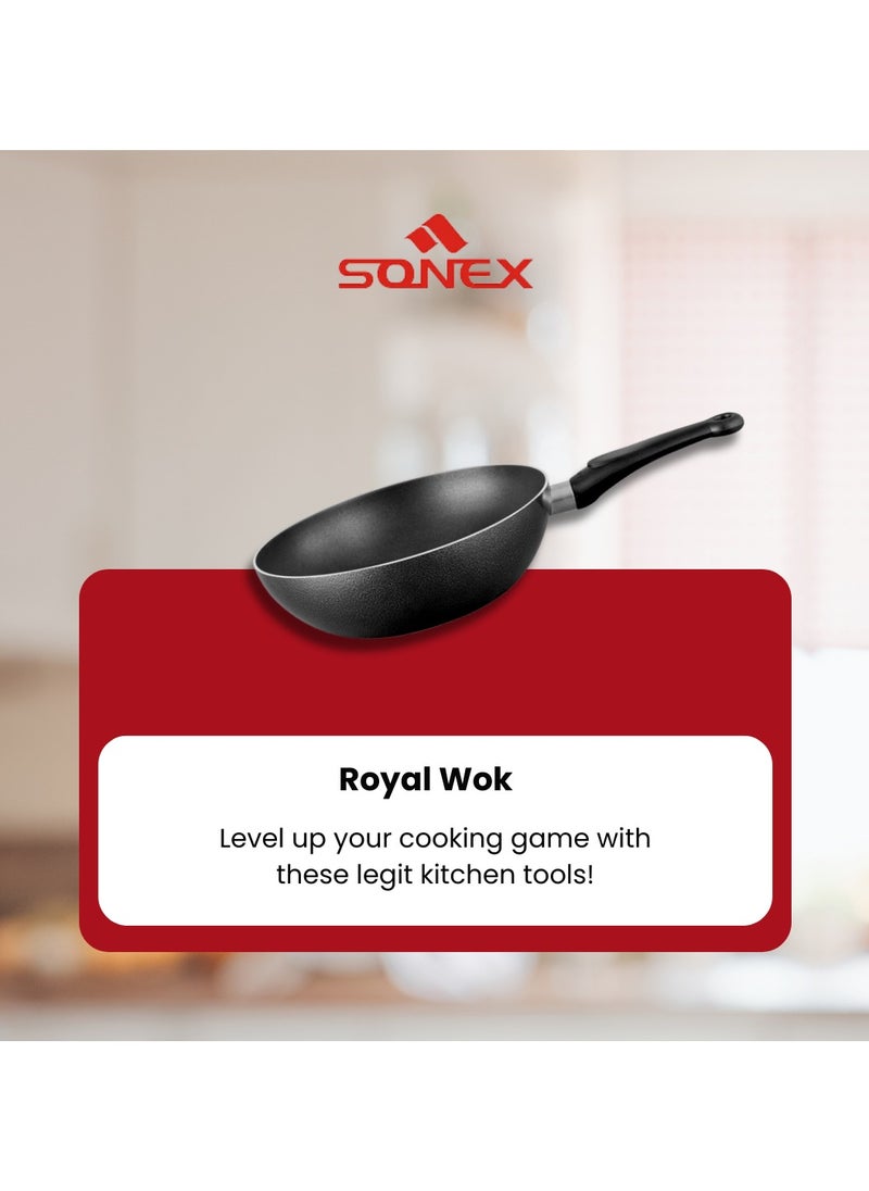 SONEX Royal Wok – 30 cm, 5L Aluminium Wok with Metal Finish, Dual Handles & Natural Wooden Grip, Hanging Loop – Durable & Ergonomic, Even Heat Distribution, Ideal for Stir-Frying & Deep-Frying