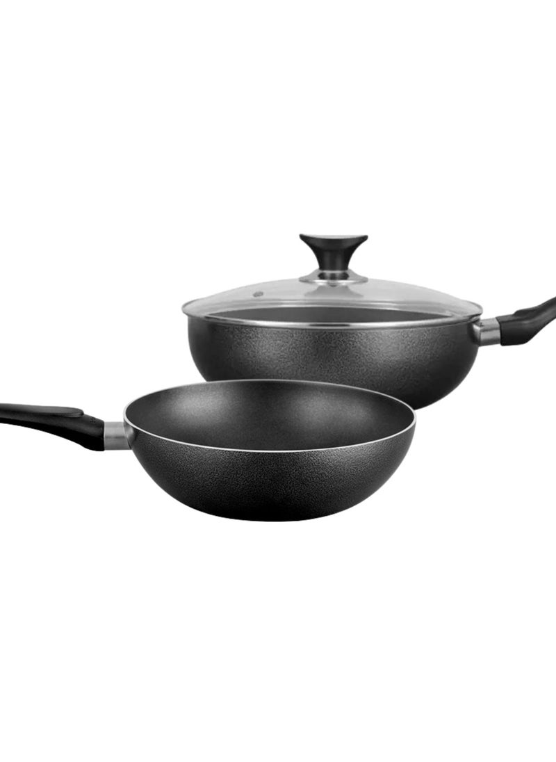 SONEX Royal Wok – 30 cm, 5L Aluminium Wok with Metal Finish, Dual Handles & Natural Wooden Grip, Hanging Loop – Durable & Ergonomic, Even Heat Distribution, Ideal for Stir-Frying & Deep-Frying
