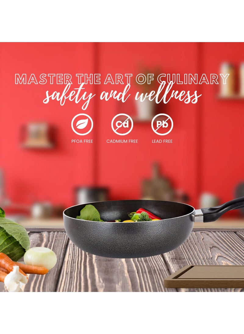 SONEX Royal Wok – 30 cm, 5L Aluminium Wok with Metal Finish, Dual Handles & Natural Wooden Grip, Hanging Loop – Durable & Ergonomic, Even Heat Distribution, Ideal for Stir-Frying & Deep-Frying