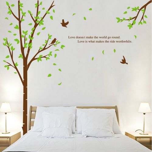 Giant Huge Large Brown Birch Tree & Green Leaves Branches Black Birds Wall Sticker Multicolour 90x60cm