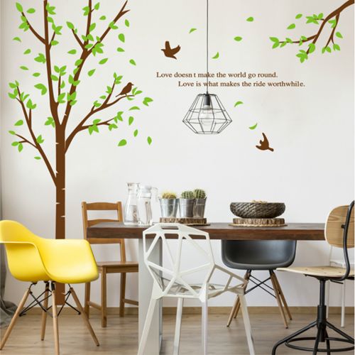 Giant Huge Large Brown Birch Tree & Green Leaves Branches Black Birds Wall Sticker Multicolour 90x60cm