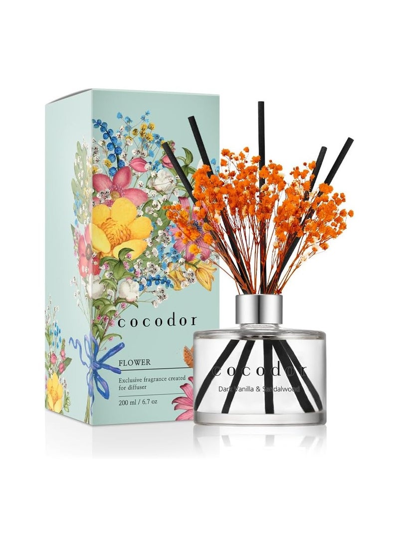 COCODOR Flower Reed Diffuser Set / 6.7oz /Scent Diffuser with Sticks Home Fragrance Reed Diffuser for Bathroom Shelf Decor (Dark Vanilla and Sandal Wood)