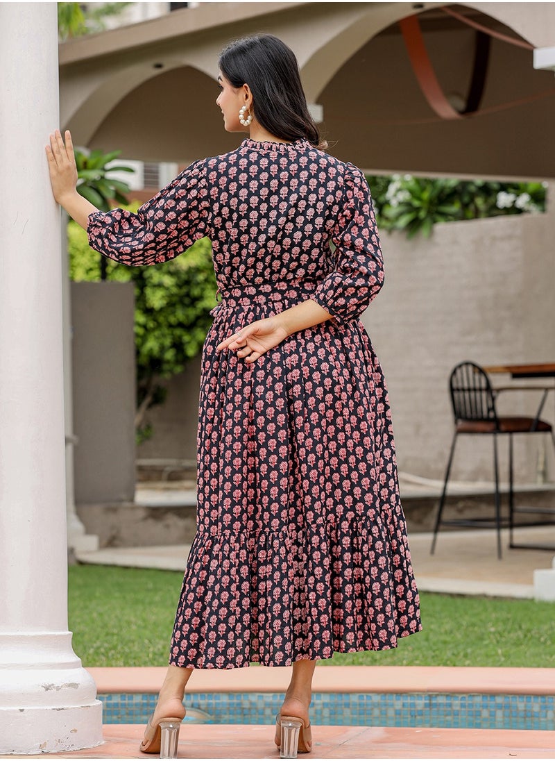 Burgundy & Pink Floral Print Fit & Flare Midi Dress | Cotton Ethnic Dress
