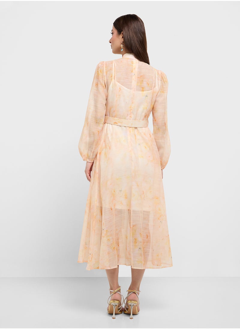 Sheer A-Line Belted Dress