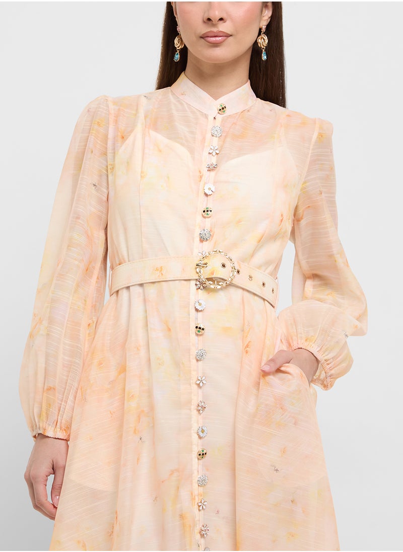 Sheer A-Line Belted Dress
