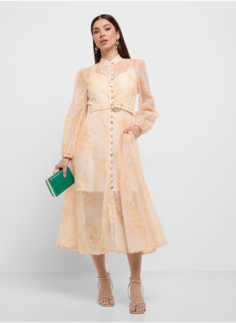 Sheer A-Line Belted Dress