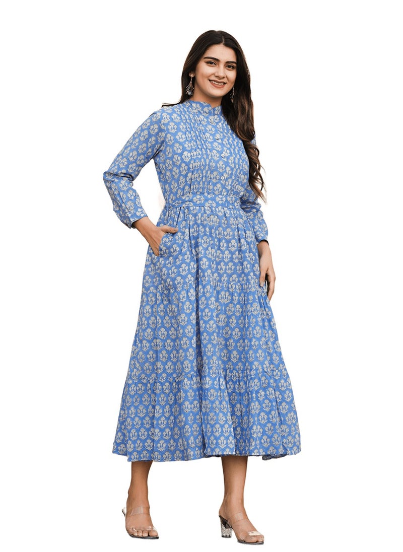 Blue Handblock Print Fit & Flare Midi Dress | Pure Cotton Ethnic Dress