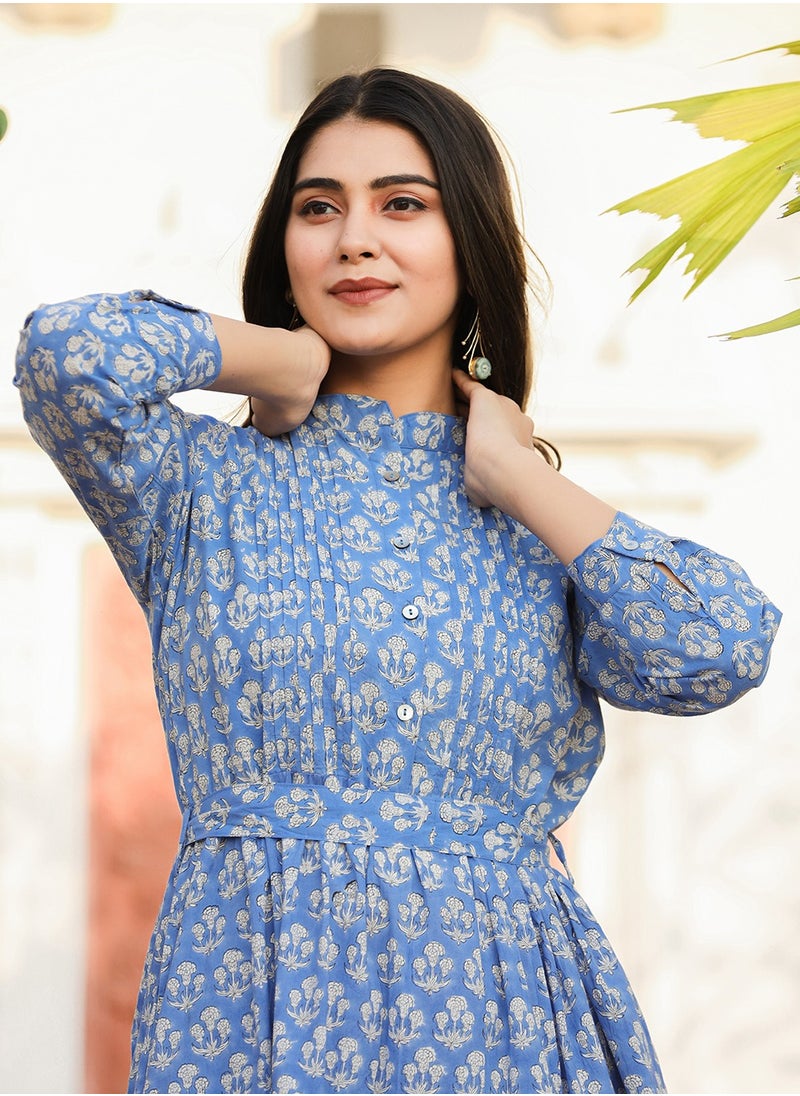 Blue Handblock Print Fit & Flare Midi Dress | Pure Cotton Ethnic Dress