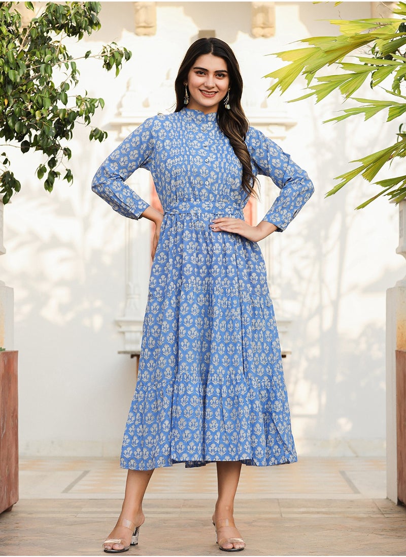 Blue Handblock Print Fit & Flare Midi Dress | Pure Cotton Ethnic Dress